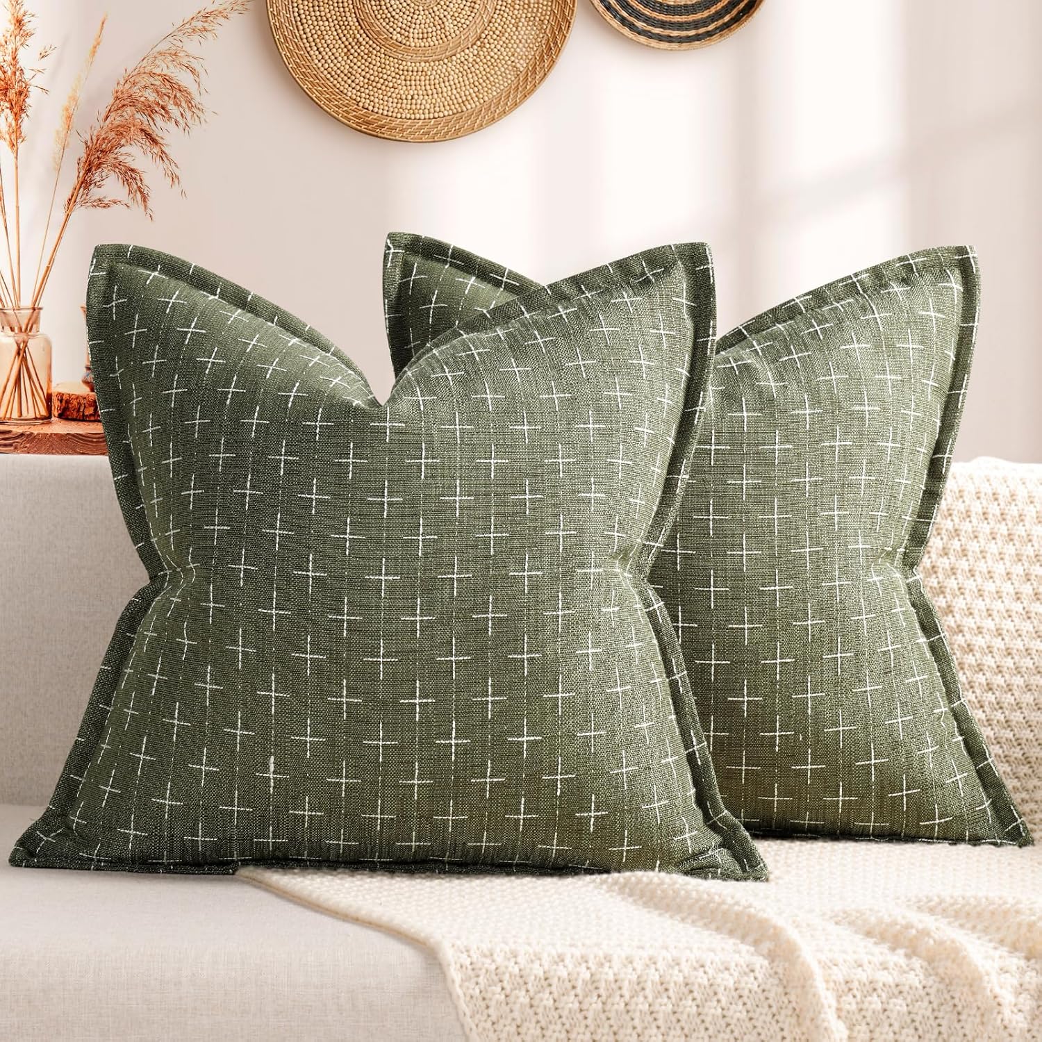 ZWJD Pillow Covers 18x18 Set of 2 Soft Polyester Textured Pillow Covers with Stylish Flange Edge Cozy Farmhouse Throw Pillows for Couch Bed Sofa Living Room