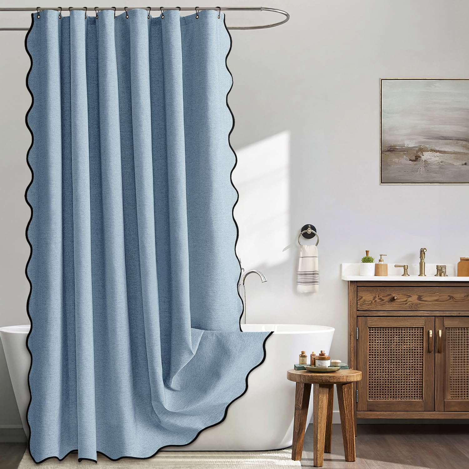 Beige Scalloped Shower Curtain Linen Textured with 12 Metal Hooks Cute Heavy Duty Washable Waterproof Neutral Thick Cloth Shower Curtains with Black Border for Bathroom Bathtub,W72*L72 Cream