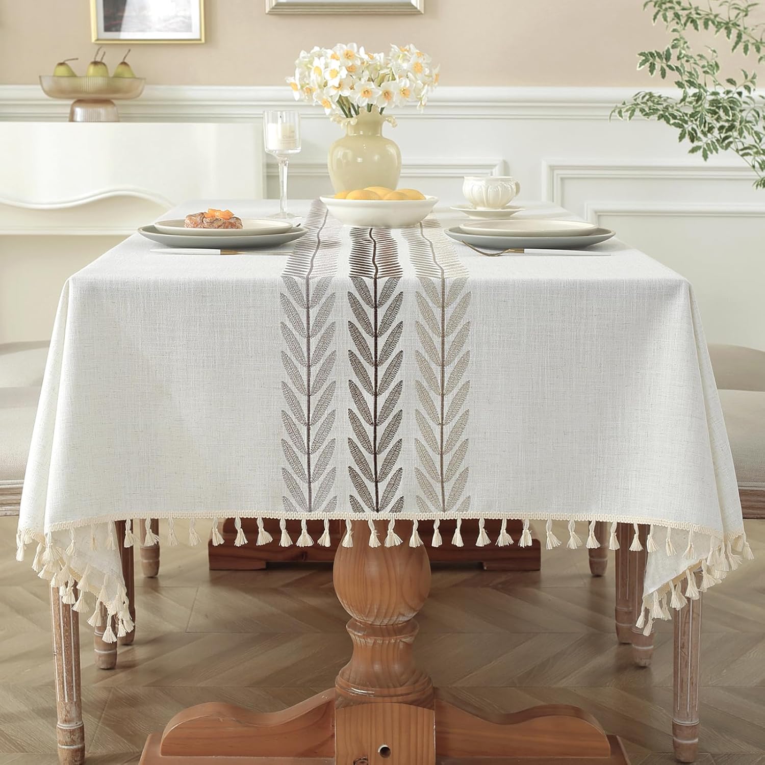 Cotton Linen Waterproof Table Cloth for Dining Table Farmhouse Kitchen Rectangle Tablecloth Coffee Wrinkle Free Tables Cover, Beige, Coffee Flower, 55x70 Inch