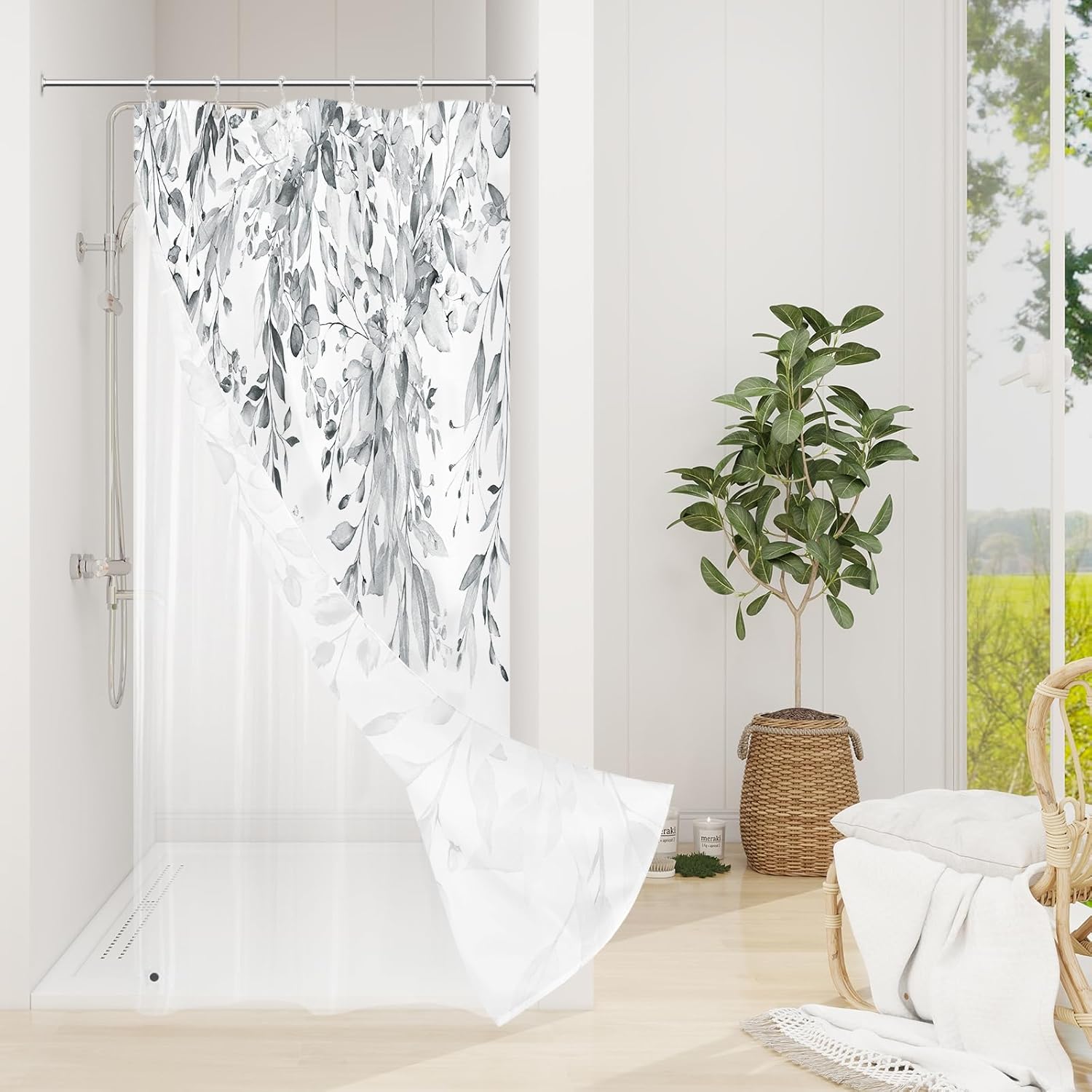 Grey Eucalyptus Shower Curtain, Watercolor Plant Leaves with Floral Bathroom Shower Curtain Set, Gray White, 72x72