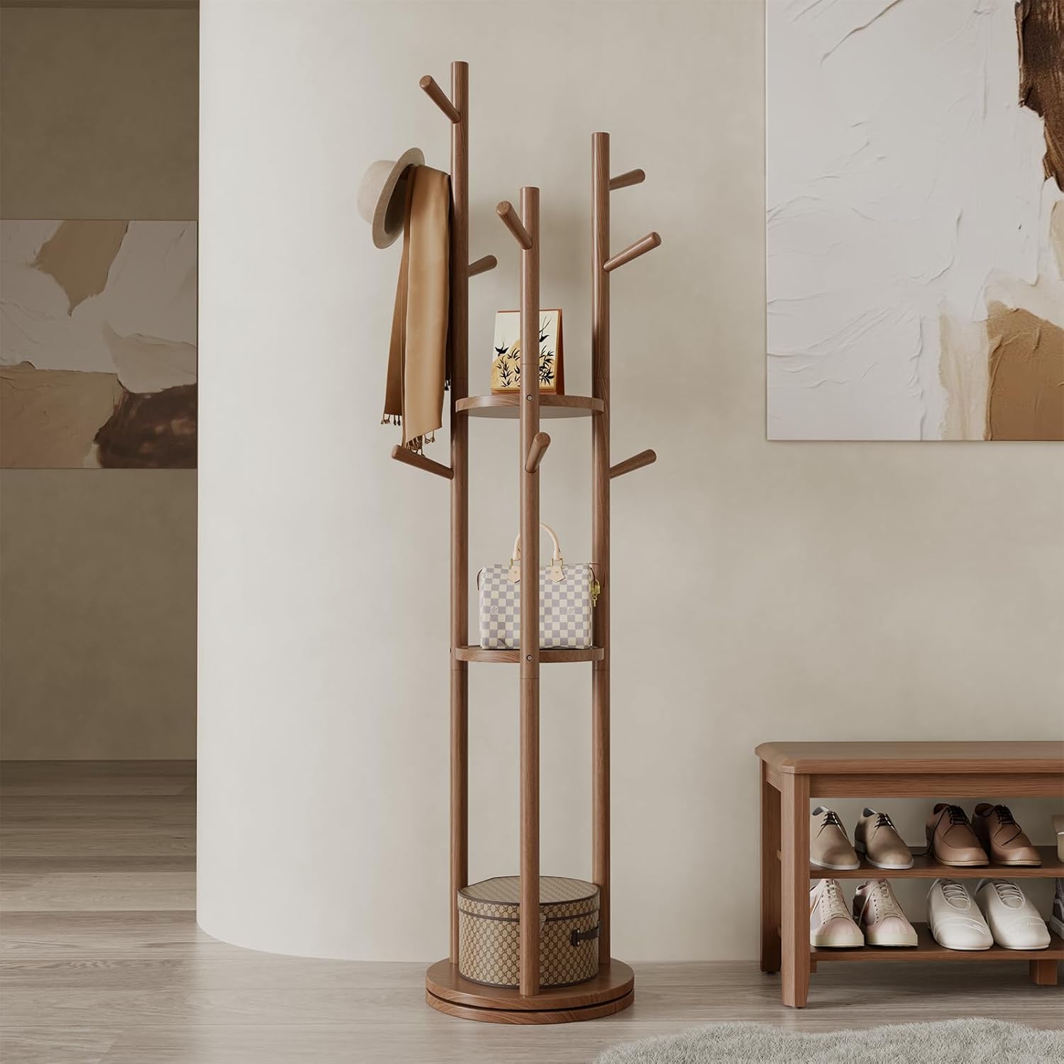Solid Wood Rotary Coat Rack, Freestanding Coat Rack with 3 Shelves and 9 Hooks, Coat tree for Bedroom, Entryway, Livingroom, Coat Hanger Stand for Coats, Scarves, Handbags (Walnut)