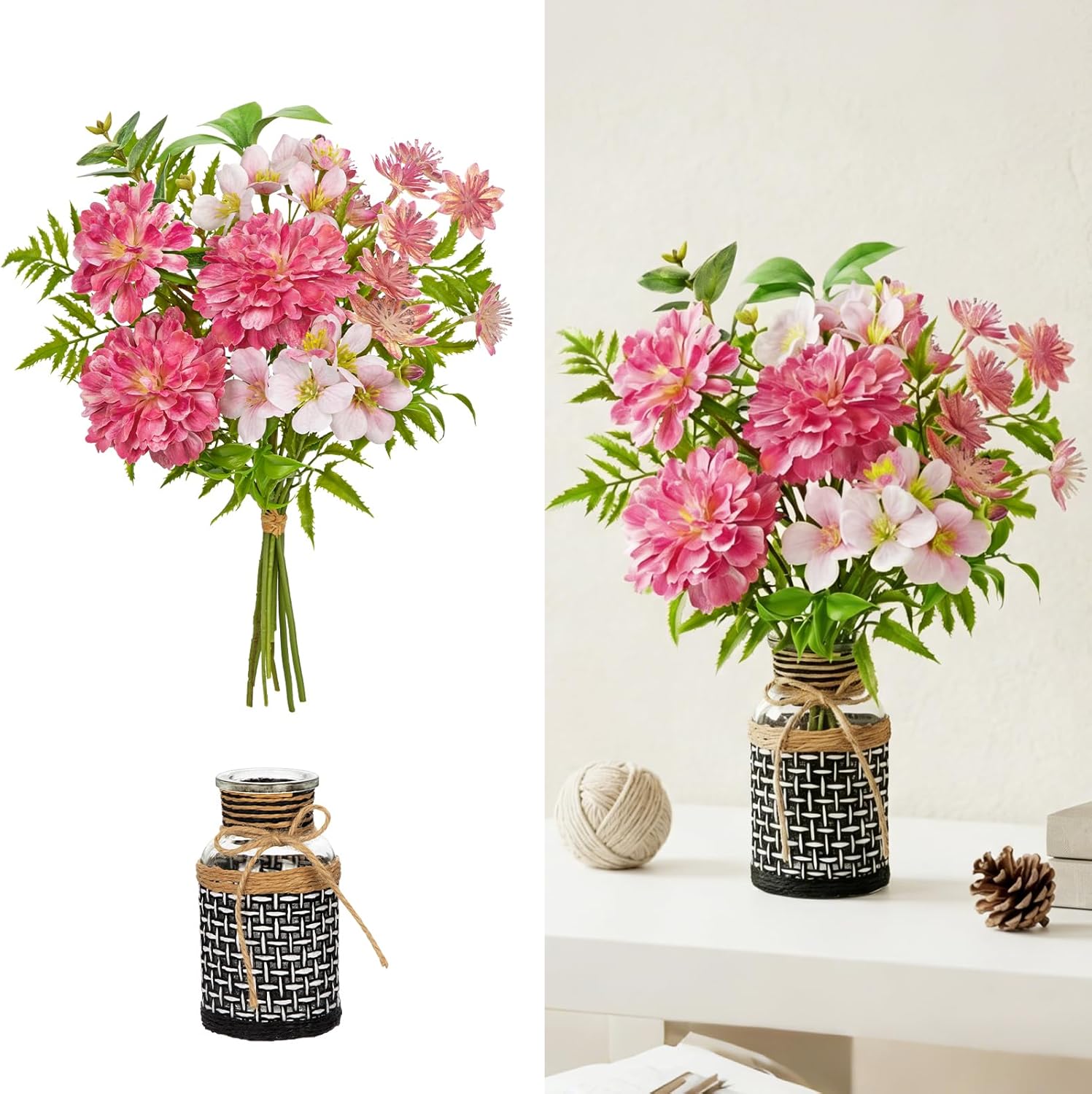 Fake Flowers in Vase Blue Faux Flowers Bush Bouquet Plant Flower Arrangements with Woven Glass Vase Artificial Flower Floral Bulk Bouquet Home Decor Bathroom Table Centerpiece Decorations