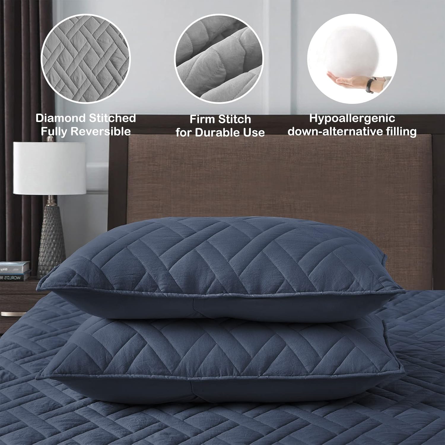 HOME Quilt Set Queen Size Navy Blue, Classic Geometric Diamond Stitched Pattern, Ultra Soft Microfiber Lightweight Bedding Bedspread Coverlet for All Season with 1 Quilt 2 Pillow Shams