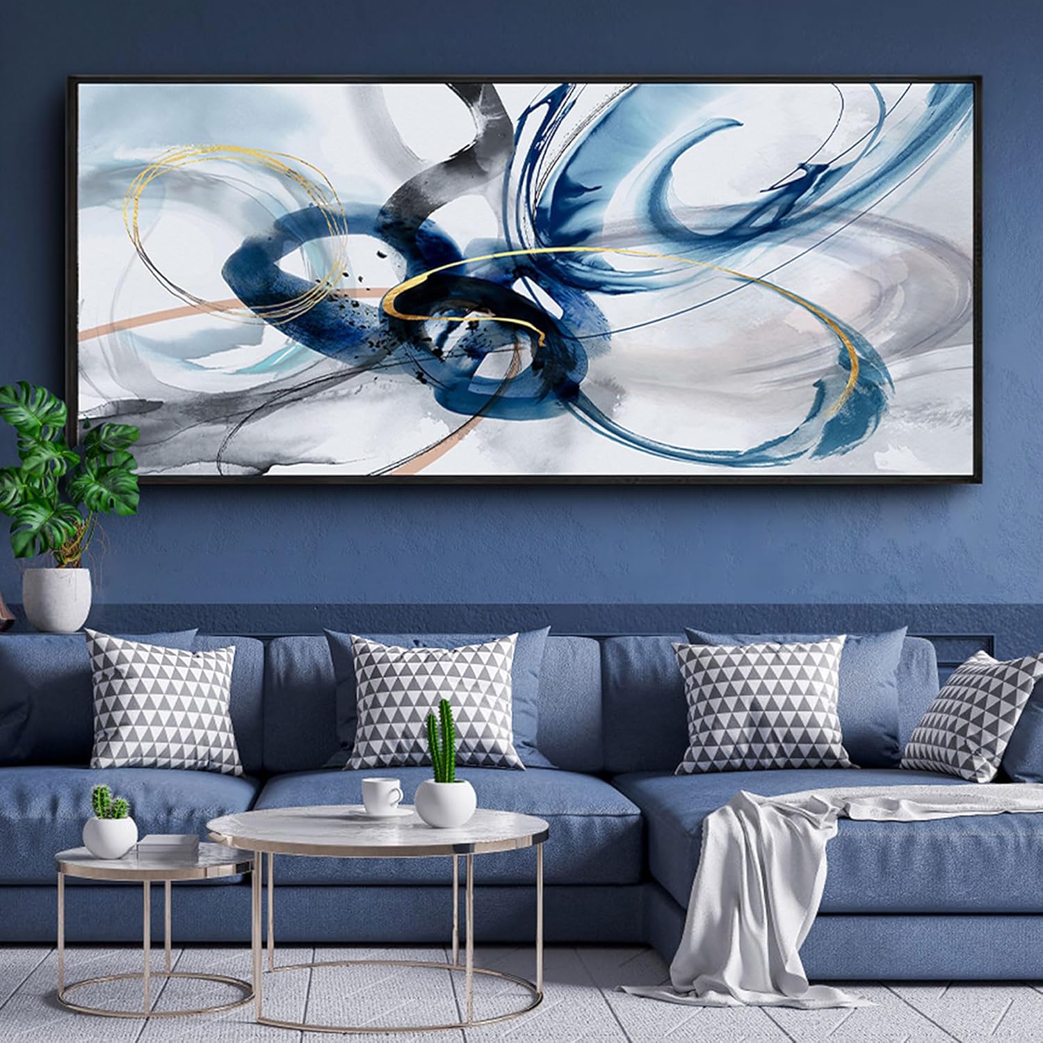 Large Wall Art for Living Room - Abstract Wall Decor Framed Picture Artwork for Wall Decorative Paintings Blue and White Modern Office Bedroom Art