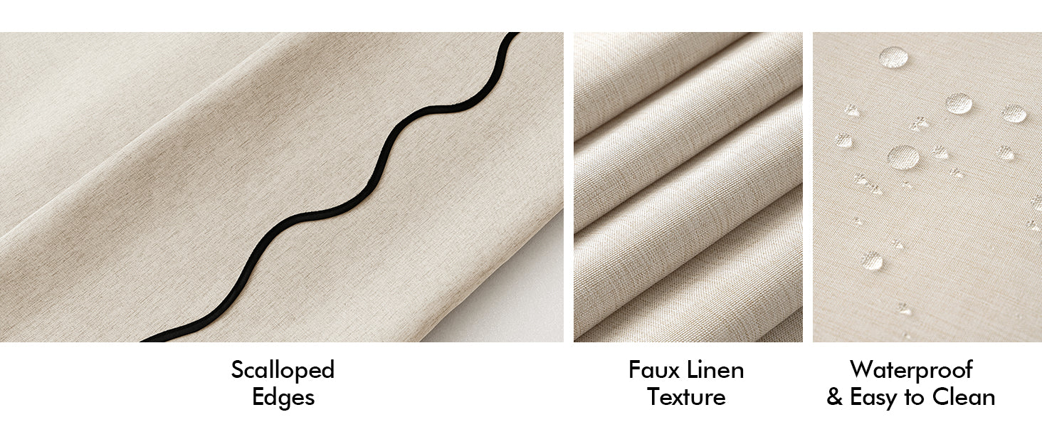 Beige Scalloped Shower Curtain Linen Textured with 12 Metal Hooks Cute Heavy Duty Washable Waterproof Neutral Thick Cloth Shower Curtains with Black Border for Bathroom Bathtub,W72*L72 Cream